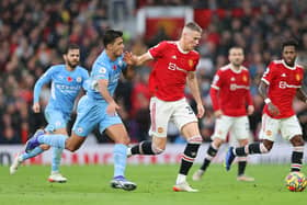 Rodri closes down Scott McTominay in November’s Manchester derby at Old Trafford. Credit: Getty.