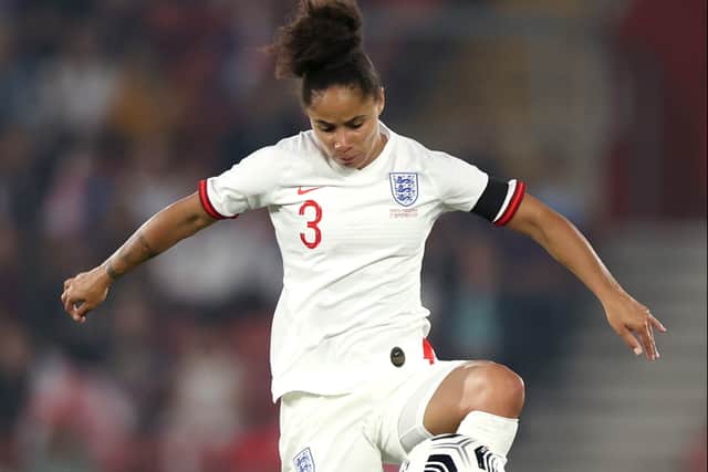 Demi Stokes on the ball for England Women. Photo: Naomi Baker - The FA via Getty Images