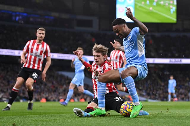 Raheem Sterling won a first-half penalty against Brentford. Credit: Getty.