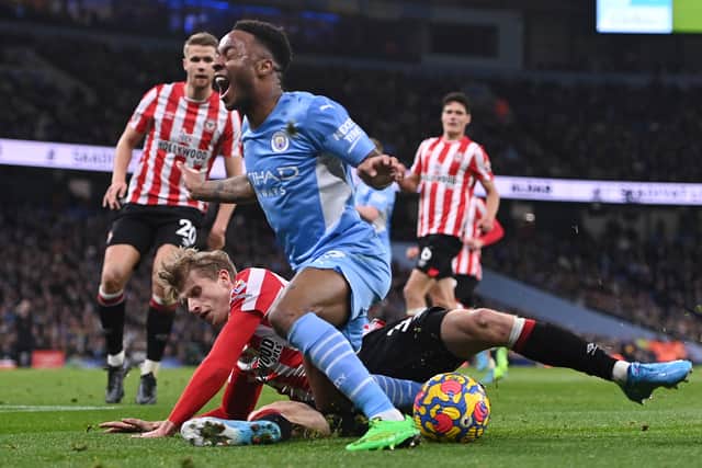 Sterling was fouled by Roerslev in the box. Credit: Getty.