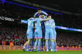 Manchester City players celebrate Kevin De Bruyne’s goal against Brentford on Wednesday. Credit: Getty. 