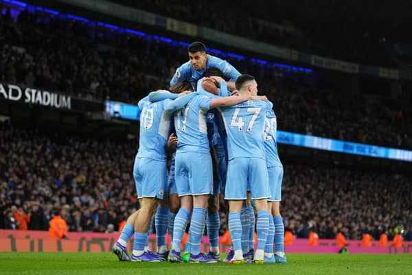 Manchester City players celebrate Kevin De Bruyne’s goal against Brentford on Wednesday. Credit: Getty. 