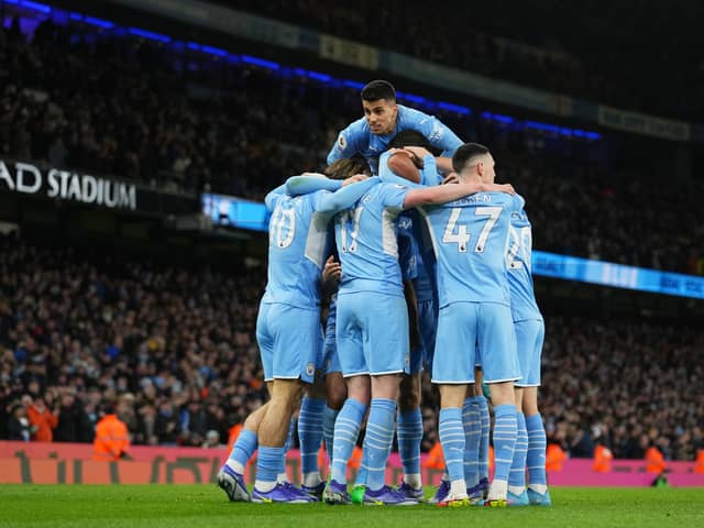 Manchester City players celebrate Kevin De Bruyne’s goal against Brentford on Wednesday. Credit: Getty. 