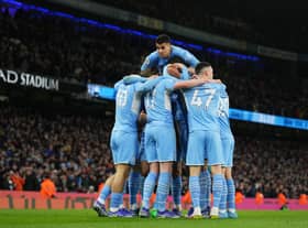Manchester City players celebrate Kevin De Bruyne’s goal against Brentford on Wednesday. Credit: Getty. 