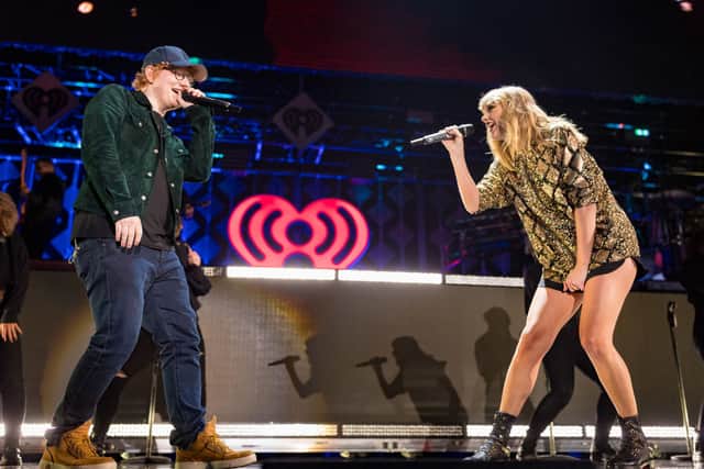 Ed Sheeran and Taylor Swift perform onstage during 102.7 KIIS FM’s Jingle Ball 2017 (Photo: Christopher Polk/Getty Images for iHeartMedia)