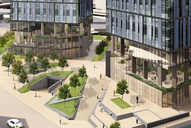 Plans for new skyscrapers and garden at Trinity Islands in Manchester Credit: Renaker
