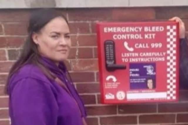 Kelly Brown, Rhamero West’s mum, with the bleed safety cabinet