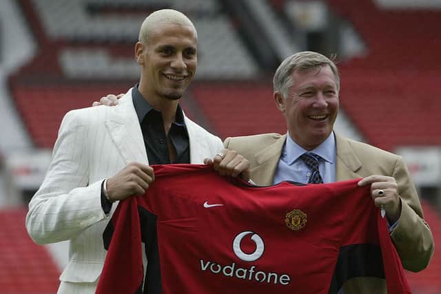 Ferdinand joined United from Leeds for an initial £29.3m in 2002 making him the most expensive British footballer at that time. Credit: Getty. 