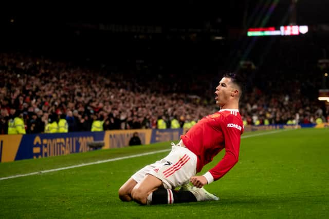 Cristiano Ronaldo celebrates scoring for Manchester United. Credit: Getty.