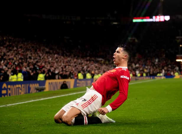 <p>Cristiano Ronaldo celebrates scoring for Manchester United. Credit: Getty.</p>