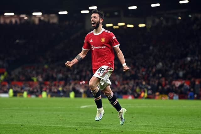 Fernandes celebrates scoring United’s second goal against Brighton. Credit: Getty. 