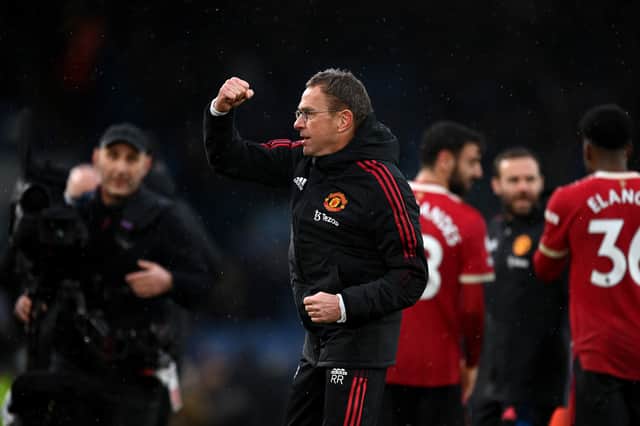 Rangnick gave a passionate reaction at the full-time whistle in Yorkshire. Credit: Getty.