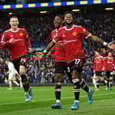 Fred celebrates with Scott McTominay and Anthony Elanga after scoring United’s third goal against Leeds. Credit: Getty.