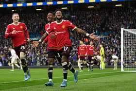Fred celebrates with Scott McTominay and Anthony Elanga after scoring United’s third goal against Leeds. Credit: Getty.