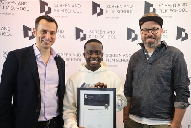 Scholarship recipient Muhammed Bittaye with Screen and Film School Manchester principal David Thompson and Fabian Wagner