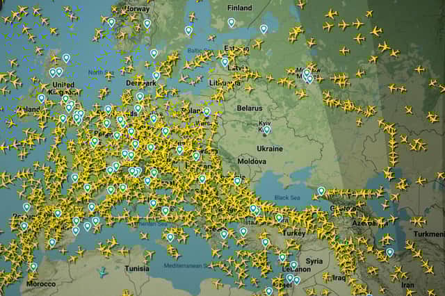 A photo shows a page on the Flightradar 24 website thats shows civilian flights in Europe, on February 24, 2022 in Nantes, western France.