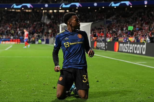 Anthony Elanga celebrates scoring United’s goal against Atletico Madrid on Wednesday. Credit: Getty. 