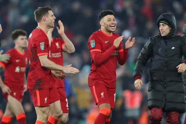 Liverpool celebrate their Carabao Cup quarter-final win over Leicester. Picture: Naomi Baker/Getty Images