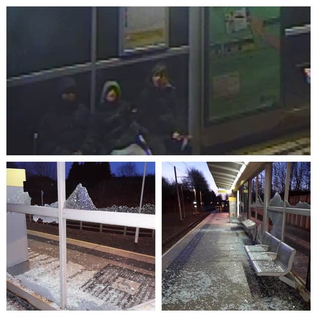 <p>Police in Manchester want to speak to these people pictured on CCTV about damage to a Metrolink stop</p>