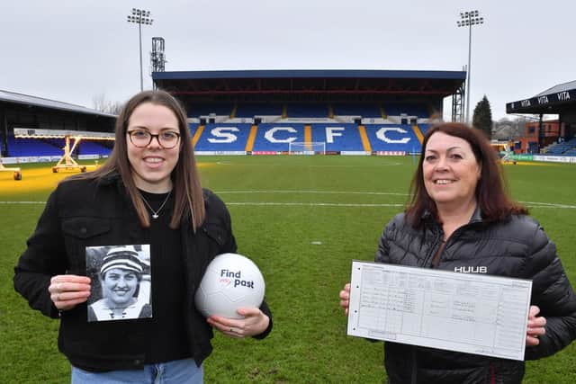 Lauren and Yvonne Quigley at Stockport County’s ground where in 1920 Alice Woods was in the Dick, Kerr Ladies side that beat France 5-2. Photo; Anthony Devlin/PA Wire