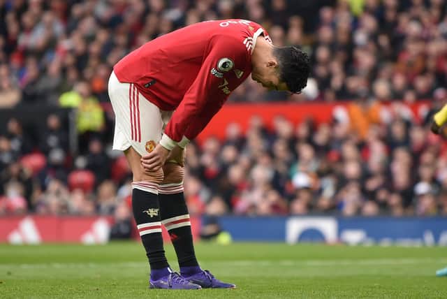 ristiano Ronaldo of Manchester United reacts during the Premier League match between Manchester United and Watford at Old Trafford