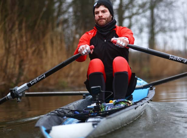 <p>Jordan North has been rowing his way up the canals of England</p>