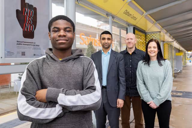 Sinmi Allii-Balogun with his winning poster design, pictured with Coun Shaid Mushtaq, college tutor Paul Burnett and Kate Green from TfGM. Photo: Darren Robinson