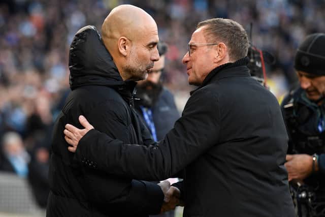 Guardiola and Rangnick faced each other for the first time on Sunday. Credit: Getty.