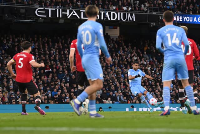 Mahrez scored from a superb volley in the second half. Credit: Getty.