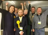 Liberal Democrats celebrating Alan Good’s victory in the Ancoats and Beswick by-election. Credit: LDRS