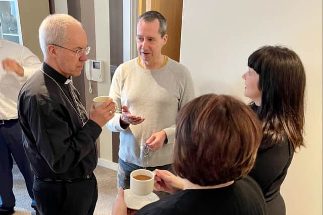 Archbishop of Canterbury Justin Welby meets the Manchester Cladiators at a flat in the city