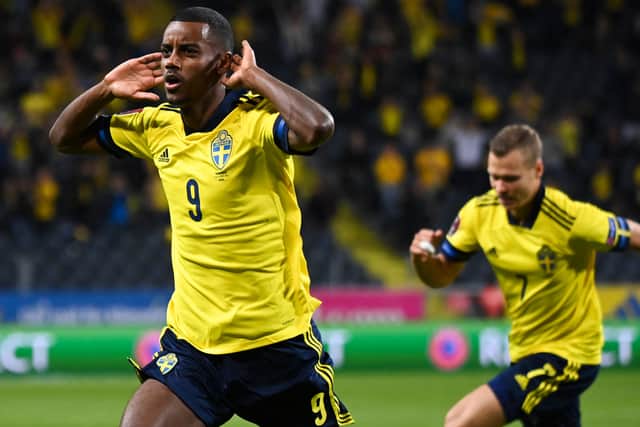 Sweden's forward Alexander Isak celebrates scoring his side' first goal during the FIFA World Cup Qatar 2022 qualification Group B football match between Sweden and Spain, at the Friends Arena in Solna, Sweden on September 2, 2021