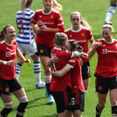 Leah Galton of Manchester United celebrates with her teammates after scoring her side’s opening goal Credit: Getty