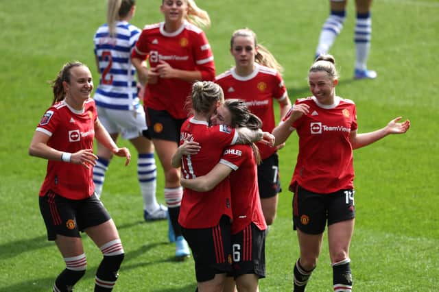 Leah Galton of Manchester United celebrates with her teammates after scoring her side’s opening goal Credit: Getty