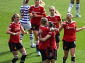 Leah Galton of Manchester United celebrates with her teammates after scoring her side’s opening goal Credit: Getty