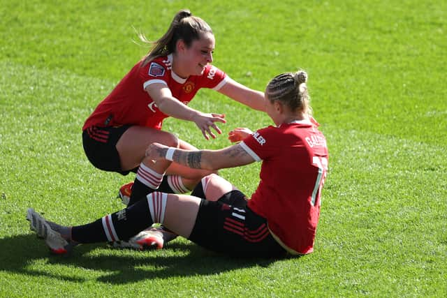 Leah Galton of Manchester United celebrates with her teammates after scoring her side’s opening goal Credit: Getty