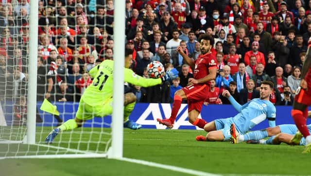 Mohamed Salah scores past Ederson in October’s meeting between Liverpool and Manchester City.