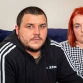 Disgruntled bride-to-be Jade White with her fiance Adam Flitcroft, at their home in Atherton Credit: SWNS