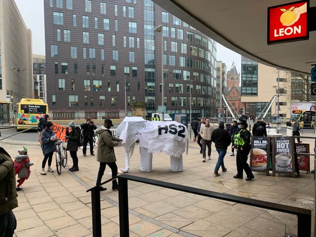 The white elephant at a previous Stop HS2 protest outside Manchester Piccadilly station
