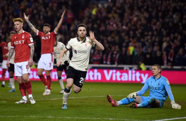 Diogo Jota celebrates scoring for Liverpool against Nottingham Forest. Picture: John Powell/Liverpool FC via Getty Images