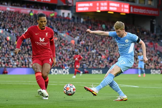 Kevin De Bruyne and Manchester City will face Liverpool twice in April. Credit: Getty.