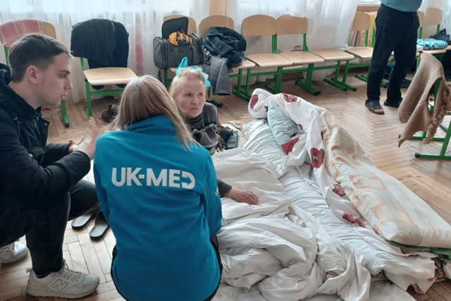 Freda Newlands from UK-Med visiting a shelter for people forced to flee their homes at Drohobych in Ukraine. Photo: Andrew Moore
