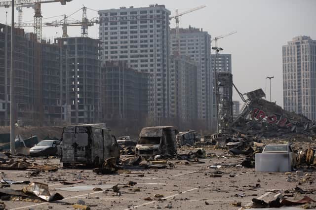 The aftermath of a destroyed shopping centre in Kyiv, which was hit by a Russian strike on 20 March. (Credit: Anastasia Vlasova/Getty Images)