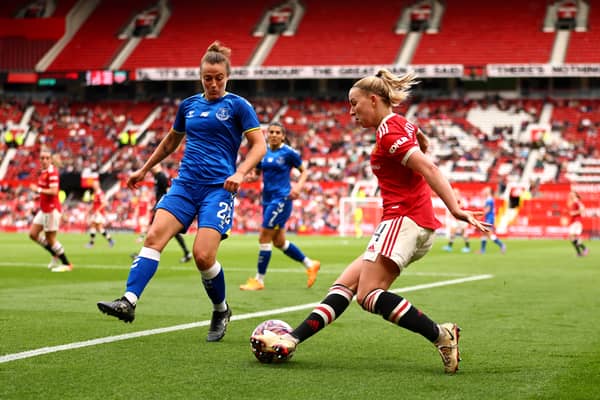 Jackie Groenen of Manchester United battles for possession with Aurora Galli of Everton Credit: Getty