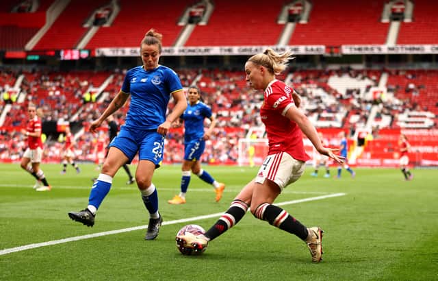 Jackie Groenen of Manchester United battles for possession with Aurora Galli of Everton Credit: Getty