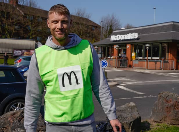 <p>Freddie Flintoff outside the McDonald’s in Salford which organised the litter pick</p>