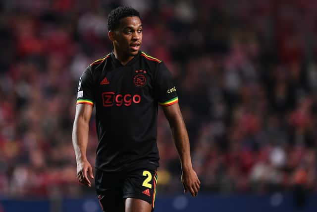 Jurrien Timber of AFC Ajax in action during the UEFA Champions League Round Of Sixteen Leg One match between SL Benfica and AFC Ajax at Estadio da Luz on February 23, 2022 