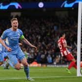 Kevin De Bruyne celebrates scoring against Atletico Madrid. Credit: Getty.