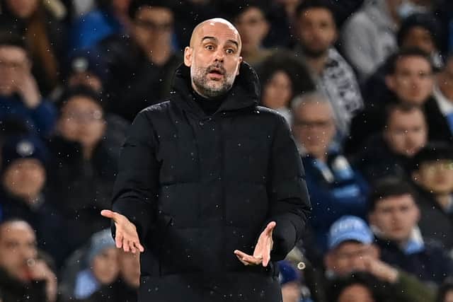 Guardiola cut a frustrated figure on the touchline. Credit: Getty.