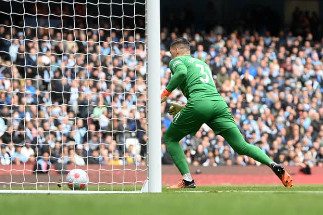 This moment nearly ended in a catastrophe for Ederson and Manchester City. Credit: Getty.